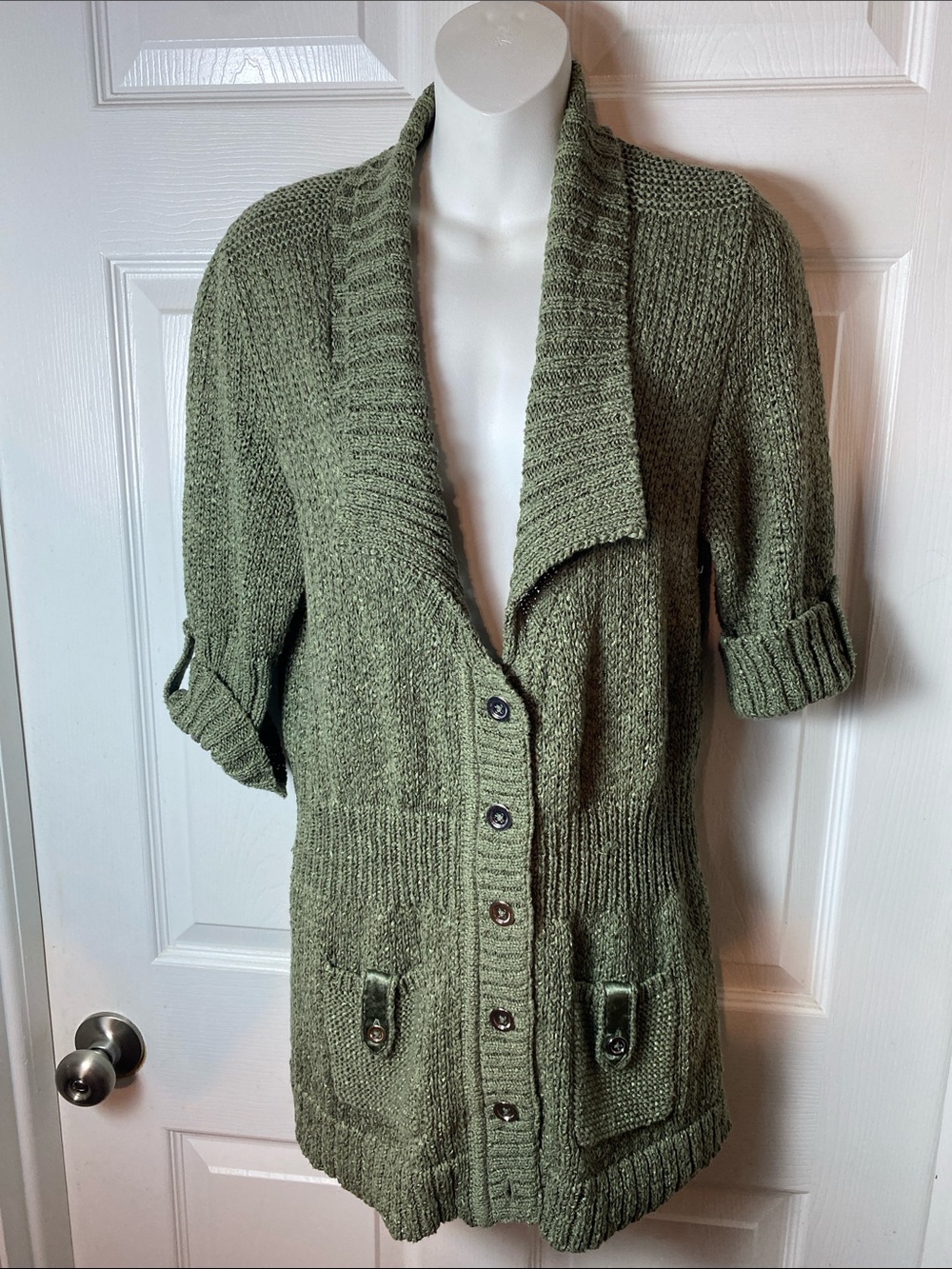 White House Black Market Olive Green Knit Button-Front Cardigan Patch Pockets M